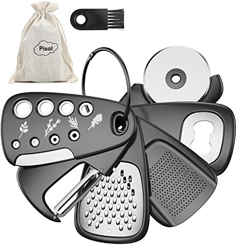 Pisol Küchenhelfer-Set, 6-teilig, platzsparend, Käsereibe, Flaschenöffner, Obst-/Gemüseschäler, Pizzaschneider, Knoblauch-/Ingwermühle, Kräuterbeizer, Geschenkset
