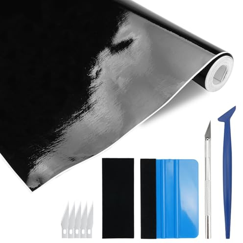 300 x 30cm Auto Folie Schwarz Glänzend,Selbstklebend Auto Schutzfolie Aus Vinyl,Flexibel Wasserdichter Car Wrapping Folie,Blasenfrei Lackschutzfolie Glanz,für Autos Draußen, Motorrad, Fahrrad