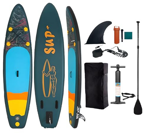 Aufblasbares Stand-up-Paddle-Board-Set, breites Design, 350 Pfund (160 kg) Gewichtslimit, mit Paddel, Pumpe, Rucksack, Finnen