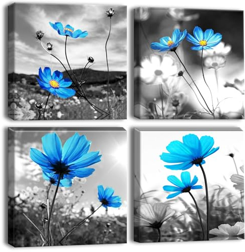 Artscope 4 Teilig Leinwandbilder mit Blaue Blumen Motiv Kunstdruck - Moderne Wandbild für Badezimmer Wohnzimmer Wanddekoration - 30 x 30 cm