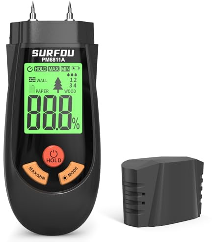 SURFOU Feuchtigkeitsmessgerät für Wand, Holz, Papier, Digitaler Feuchtigkeitsmesser mit 3 Modi & LED-Display mit 3-Farb-Alarm, Feuchtemessgerät für Bau, Heimwerker, Renovierung