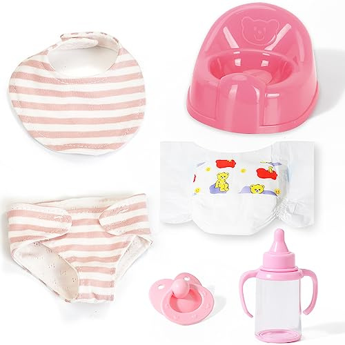eDollable Realistisches Zubehörset für 30 cm Puppen Enthält EIN Lätzchen, einen Schnuller, eine Windel, eine töpfchen und EIN Fläschchen Perfekt für Kinder, Kleinkinder und Mädchen