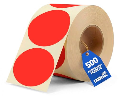 Labelident Markierungspunkte 500 Stück neonrot, Ø 75 mm runde Sticker, bunte Klebepunkte Papieraufkleber auf Rolle, Inventuretiketten, Glue Dots stark selbstklebend