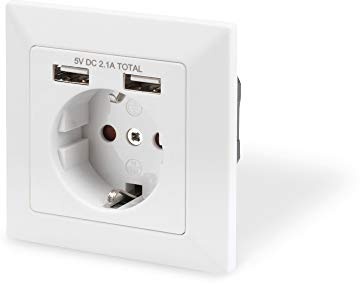 DIGITUS Unterputz-Steckdose mit USB-A Ladegerät – 2 USB-Buchsen | 5V / 2,1A Gesamt – 250V 50Hz – Einbautiefe 38 mm – Bedingt Designfähig – Reinweiß RAL 9003