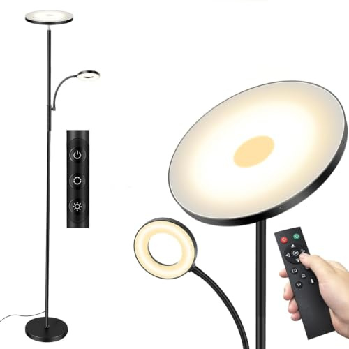 LED Stehlampe Wohnzimmer Dimmbar, 42W 4200LM Deckenfluter mit Leselampe, Fernbedienung & Touchsteuerung, 1-Minuten-Installation, Stehlampe Modern für Wohnzimmer, Büro, Esszimmer, Schlafzimmer(Schwarz)