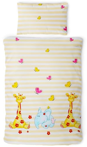 Gräfenstayn® 2-TLG. Kinderbettwäsche Set mit Tiermotiv und integriertem Reißverschluss - aus 100% Baumwolle (Renforce-Qualität) - Deckenbezug 135x100cm und Kissenbezug 60x40cm (Giraffe & Elefant)