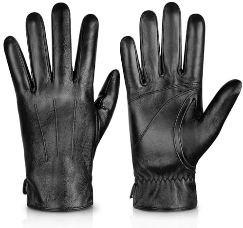 Alepo Handschuhe Herren Winter Warm, Echtes Schaffell Lederhandschuhe Touchscreen-SMS, mit Kaschmirfutter Fahren Motorradhandschuhe (Schwarz-L)