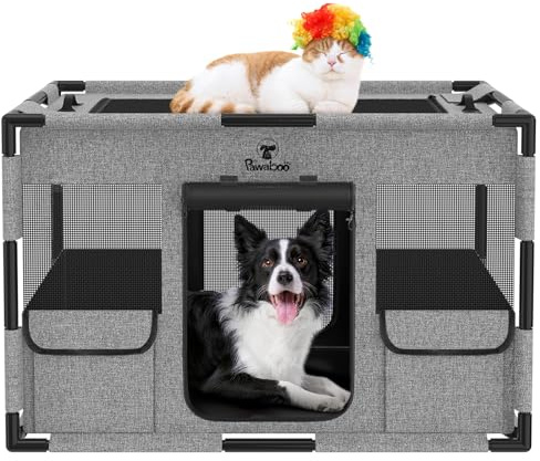 Pawaboo Welpenauslauf Extra Groß Haustier Laufstall, Tragbar Handtasche Hundebox für Katze Hunde, Hund Laufgitter, Verdickt PVC Rohr Rahmen, Mittel, Schwarz/Grau