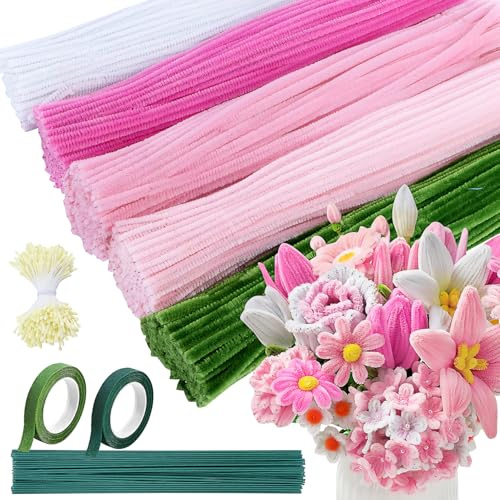 Niuny Pfeifenputzer zum Basteln Blumen 500Stk Pfeifenreiniger Blumen 5 Farben Pfeifenreiniger zum Basteln Pipe Cleaner Pfeifenputzer Rosa mit Blumendraht Staubgefäße Klebeband für DIY Blumenstrauß