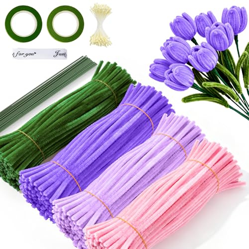 Pfeifenreiniger Blumen Set, 400 Stück Pfeifenputzer zum Basteln, Geschenkband und Klebeband – Ideal für DIY-Projekte wie Trockenblumen, Diamond Painting und Blumendeko (Lila)