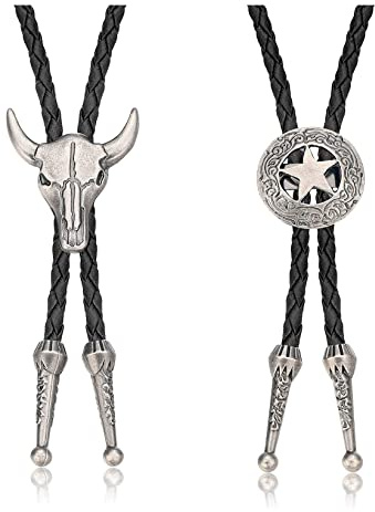 Milacolato 2 Stück Lederkrawatte Kuhschädel Texas Ranger Sternkette für Herren Rodeo Bolo Krawatte Krawatte