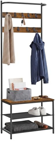 VASAGLE Garderobenständer mit Schuhbank, 9 abnehmbare Haken | Kleiderständer, Kleiderstange, 64 x 32,2 x 180 cm, Moderner Stil, Vintagebraun-Tintenschwarz, BARNET Kollektion HSR411B01