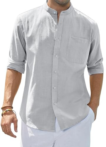 siliteelon Herren Langarmhemd Regular Fit Freizeit Baumwolle Leinenhemd Party Club Reisen Alltägliche Einfarbig Shirt Hellgrau L