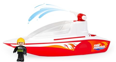 Lena BOAZZ Feuerwehrboot 36 cm, Spielzeugboot Indoor und Outdoor, für Kinder ab 2 Jahren, mit Wassertank und Spritzfunktion, in Buntem Schaukarton, Rot