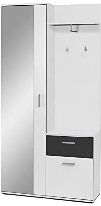 byLIVING Kompaktgarderobe Jakob, Garderobe mit großer Spiegeltür, Kommode | Korpus in Weiß, Schubladen-Front in Schwarz, B 97, H 195, T 30 cm, fest montiertes Set, Schuhschrank