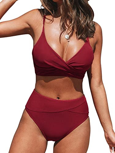 CUPSHE Damen Bikini Set Crossover Bustier High Waist Bademode Weinrot L