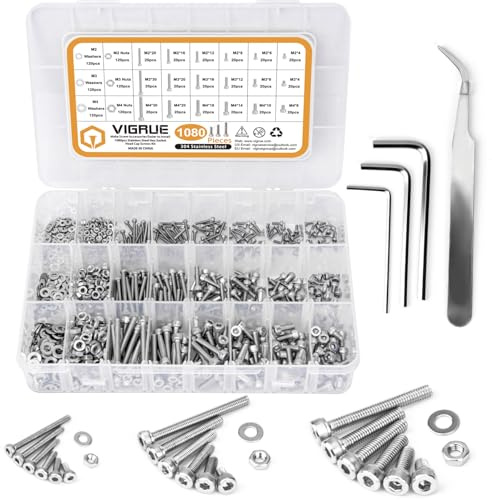 Kit 1080PCS M2 M3 M4 Edelstahl-Sechskopf-Knopf Schrauben Schrauben Muttern und Unterlegscheiben Sortiment Kit der mit Aufbewahrung flach Fall Box (Kit 1080PCS)