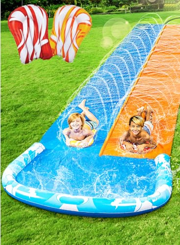JOYIN 32,5ft/990,6cm Ultralange Doppelte Wasserrutsche, Rasen-Wasserrutsche mit Sprinkler und 2 aufblasbaren Boards für Kinder und Erwachsene, Sommerparty, Garten, Rasen, Außen-Wasseraktivitäten