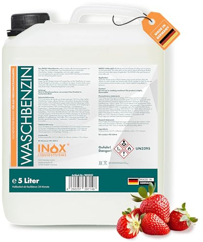 INOX® IX 200 Waschbenzin 5L | Hochwirksames Reinigungsbenzin für Flecken, Fett & Öl | Lösungsmittel für Textilien, Kunststoff & Oberflächen | Benzin Reiniger für Haushalt & Werkstatt | Versand in