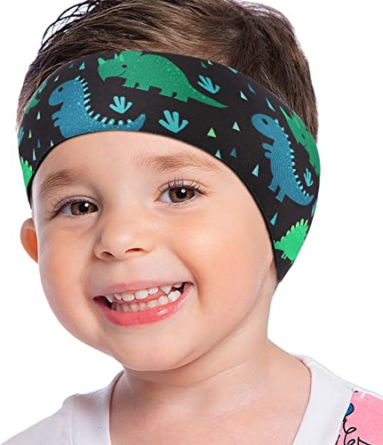 MoKo Schwimmen Stirnband, Neopren Schwimmband Ohrenband Wasserdichtes Kopfband Haarband mit Hohe Elastizität und Klettverschluss Ohrenschutz Band für Kinder Alter 1-2, M Größe-Blau Nashorn&Dinosaurier