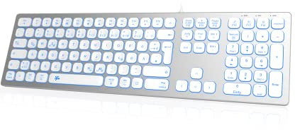 B.FRIENDIT Kabelgebundene USB-Tastatur Slim - Aluminiumgehäuse Mit Numerischer Tastatur, RGB-Hintergrundbeleuchtung, Kompatibel Mit iMac (2016 und 2017, Pro) und PC (Weiß-Silber)