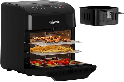 Tristar Heißluftfritteuse 12 L mit Mini Backofen Funktion, 2-in-1 Airfryer Umluftofen, 12 Programme, Digitaldisplay, Sichtfenster, Shake Funktion, BPA-frei, 1800 W, FR-9065
