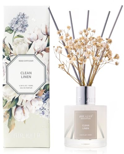 Airkeep Raumduft Clean Linen Duft, Reed Diffuser mit 8 Duftstäbchen, Lufterfrischer für Badezimmer, Wohnung, Heimdekoration, 100ml