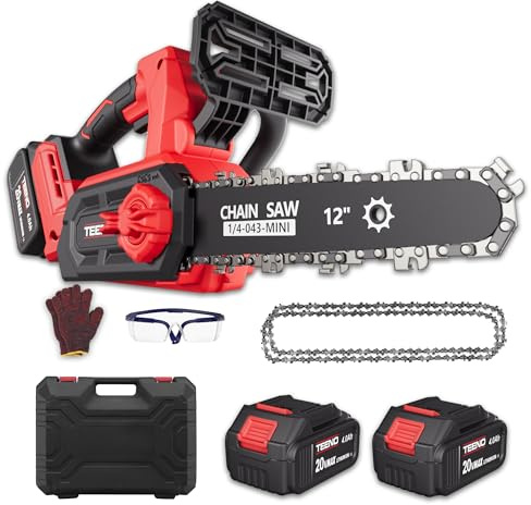 TEENO Kettensäge mit Akku, 12 Zoll, 1200 W, kabellose elektrische Kettensäge mit bürstenlosem Motor, 2 Akkus 4,0 Ah & Ladegerät, automatische Schmierung, Kettenspannung ohne Werkzeug, Beschneiden