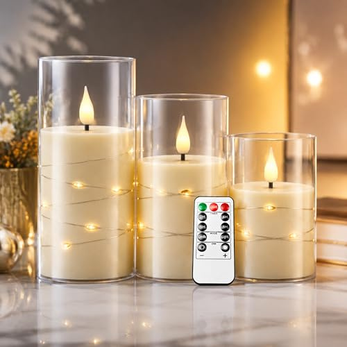 Kiexung LED-Kerzen, LED-Kerzen mit eingebauter Lichterkette, batteriebetriebene Kerzen, Plexiglaskerzen mit Fernbedienungs-Timer, festliche flammenlose Kerzen, Wohnkultur, 3-teiliges Set (Elfenbein)