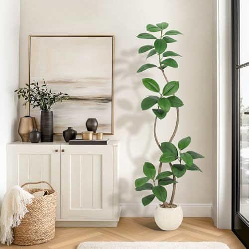 Garvee 180 cm Künstliche Pflanze Gummibaum mit Cremefarben Kugel Topf Pflanzer&Stein Fiddle Feigenbaum Indoor Künstlicher Baum hohe Pflanze gefälschte Baum Tropische große Boden Baum