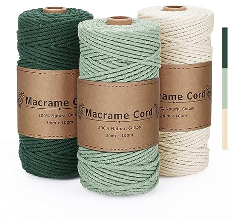 PUWOWYE Makramee Garn Set 3 Farben in Grün | 3x100m Baumwollkordel 3mm | 100% Baumwolle für Pflanzenhänger, Wandbehang, Boho Deko | DIY Handwerk Geschenk
