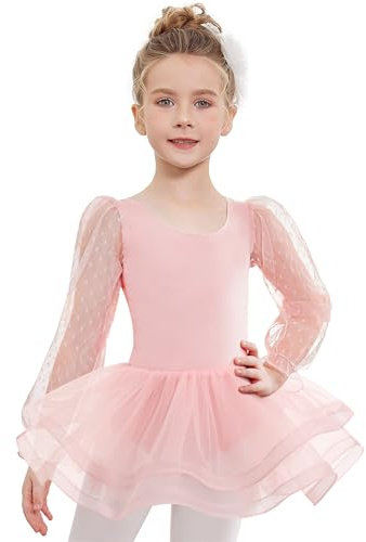 Arshiner Mädchen Langarm Ballettkleidung Kinder Ballettanzug Ballettkleid Tanzkleid mit 3-lagiges Tütü Rock Rosa 140 5-6 Jahre