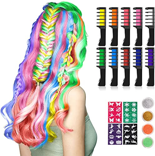 Haarkreide für Mädchen, Kastiny 10 Stück Haarfarbe Kamm, Temporär Haarfarbe Kreide Kamm für Kinder Haarfärbemittel, Party und Cosplay, mit 4 Glitzertuben & 32 Schablonen