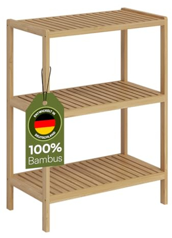 Bellamio Newa Badregal – Bambus Regal mit 3 Ablageflächen – Badezimmerschrank lackiert – Holzregal stehend für Badezimmer – Standregal schmal – offener Badschrank Natur – Badezimmermöbel 80x60x33 cm