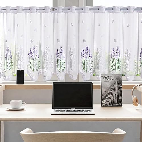 Daliena Jacquard Scheibengardine Spitze Weiß Lochleiste BxH 150x50cm 1Stück | Küchengardine mit Lavendelmuster Kurzgardine Landhaus Fenstergardinen Transparent, Gardine Landhausstil Vintage Kurz