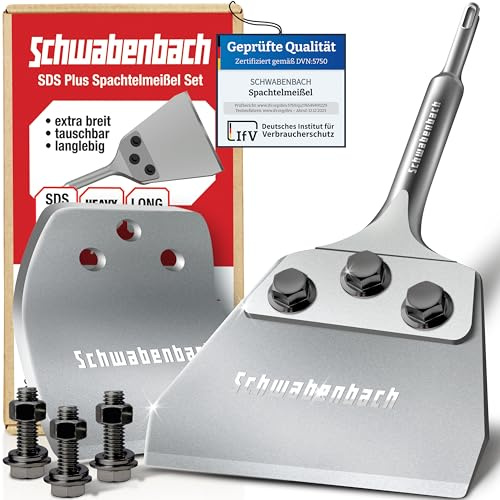 SCHWABENBACH® Verbesserter Spachtelmeißel SDS Plus 125 x 250mm | 2 mm Stärke Flachmeißel - Inklusive Ersatzklinge Schrauben - Bodenschaber für Teppich PVC Farbe Fliesenkleber