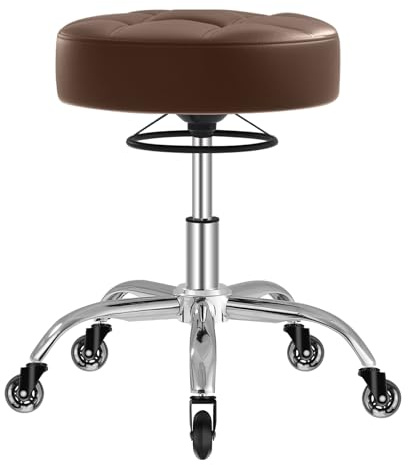 OUTMASTER Hocker mit Rollen&ringheber dick gepolstert-360° drehbar(Braun) | rollhocker höhenverstellbar mit Ringgriff – dick gepolstert für weichen Sitzkomfort, 180 kg Tragkraft, Salon Spa und Haushalt