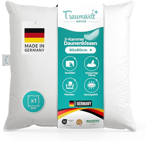 Traumwelt Natur Made in Germany 3-Kammer Daunen Kopfkissen 80x80 cm, weiß, Allergiker geeignet, Öko-Tex 100 Klasse 1 Zertifiziert, Downpass