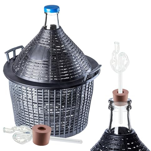 KADAX Glasballon-Set 20L, Gärballon mit Kunststoffkorb und Gärzubehör, Gummi-stopfen, Gärröhrchen, schmale Öffnung, Weinballon, Flasche, Glasflasche (Glas Gärröhrchen)