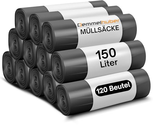 Müllsäcke 150 Liter extrastark & reißfest Müllbeutel Abfallbeutel Müllsack Mülltüte Abfallsäcke für Haus, Garten, Industrie & Gastronomie von Demmelhuber (12 Rollen)