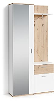 byLIVING Kompakt-Garderobe Jakob/Korpus in Eichen-Optik hell-braun/Schubladen-Front in weiß/Garderobe mit großer Spiegeltür/Fest montiertes Set/Kommode/Schuh-Schrank/B 97, H 195, T 30 cm
