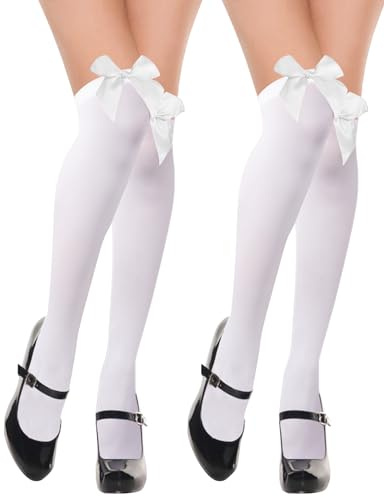 Kiiwah 2 Paar Overknees Strümpfe Damen mit Schleife, Knee High Socks Overknee Socks Thigh High Socks, Lange Overknee Strümpfe (Weiß)