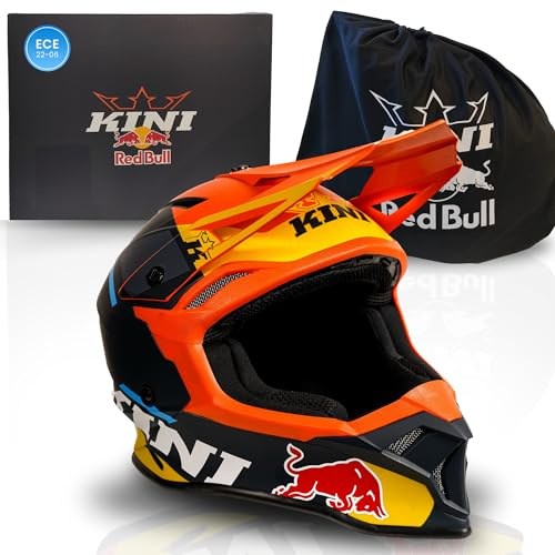 Kini Red Bull Motocross Helm Herren [Premium] Geprüfter Motorradhelm für Renneinsatz - Crosshelm auch als Enduro Helm Downhill Helm einsetzbar - Motocross Helm Brillenträger geeignet (M, Flash Helm)