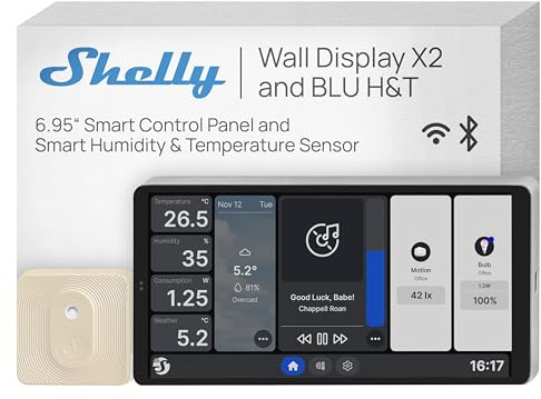 Shelly Wall Display X2 Silber + Blu H&T Smart Home Bedienfeld mit 6,95" Touchscreen, Temperatur- und Feuchtigkeitssensor