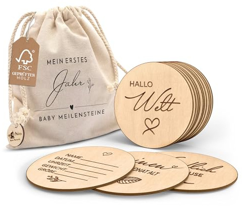 Holz Meilensteinkarten Baby auf deutsch - 30 Meilensteine auf edlen Holzscheiben als Geschenk zur Geburt/zur Babyparty für Schwangere, werdende Mütter, werdende Eltern.