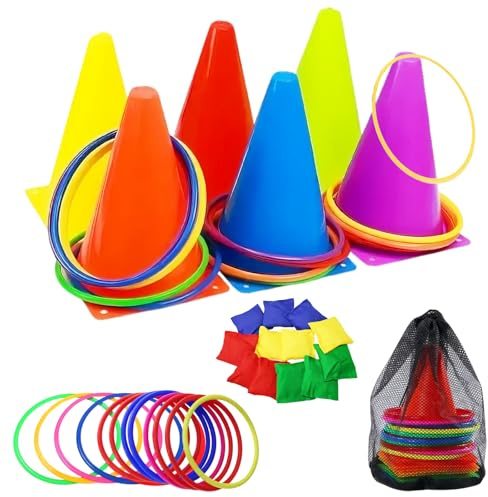 36 Stück Ringwurfspiel 3 in 1 Weihnachten Wurfspiel mit Sitzsäcken Kunststoffreifen Kegelmarkern und Tragetasche Sackhüpfen Outdoor Spiele für Kinder(36)