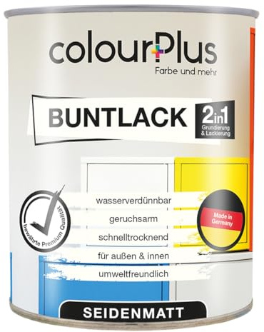 colourPlus 2in1 Buntlack Seidenmatt (750ml Reinweiß/Weiß RAL 9010) – Wetterfeste Holzfarbe Holzlack Küchenmöbellack. Schnelltrocknend, Für Innen Außen