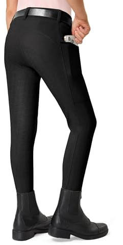 FitsT4 Sports Reithose Kinder Mädchen Reitleggings Reiterhosen Silikon Vollbesatz Reiten Hosen Sommer mit 2 Seitlichen Taschen und Gürtelschlaufen,Schwarz,S