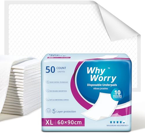 WhyWorry Inkontinenz Bettunterlage 60 x 90 cm, Einweg Wickelunterlage Wasserdicht, Hoch Saugfähig Inkontinenzauflagen Für Erwachsene und Babys, 50 Stück