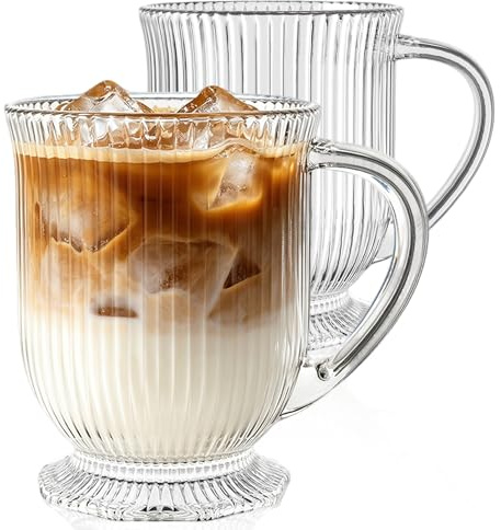 KEMORELA 2er Set 480ml Geriffelte Glasbecher mit Henkel – Teegläser mit Griff für Kaffee, Matcha Latte, Iced Coffee & Smoothies – Dickwandige Trinkgläser